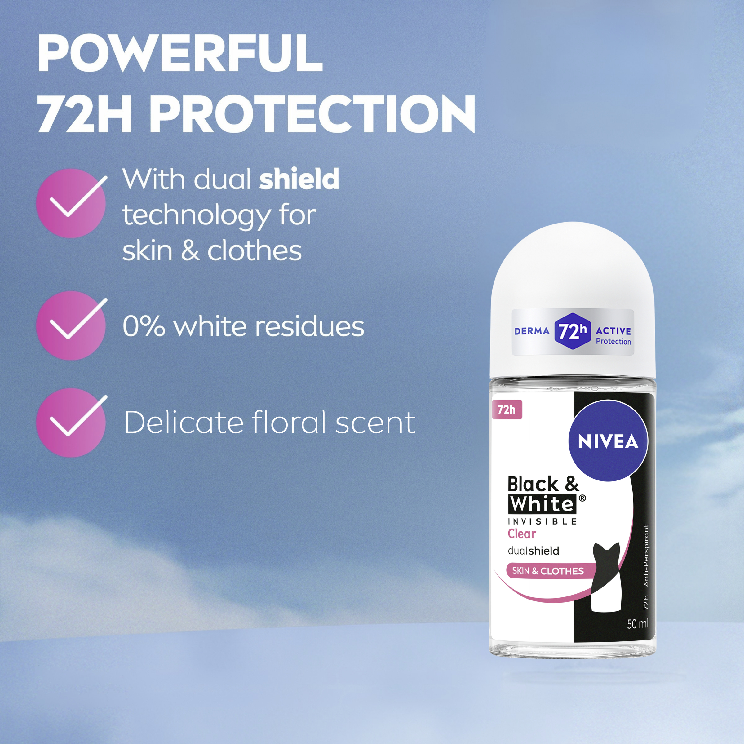 Nivea Women Invisible Black & White Clear 72Hr Anti-Perspirant Roll On 50ml - Image 5