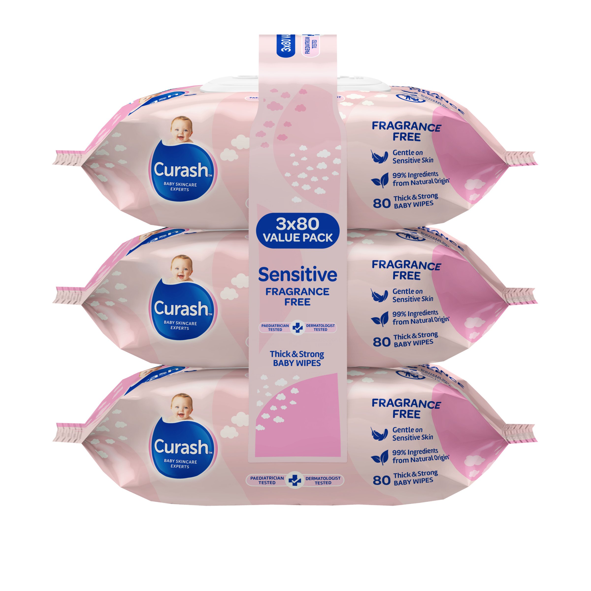 Curash Wipes Fragrance Free 80 wipes - 3 pack - Image 1