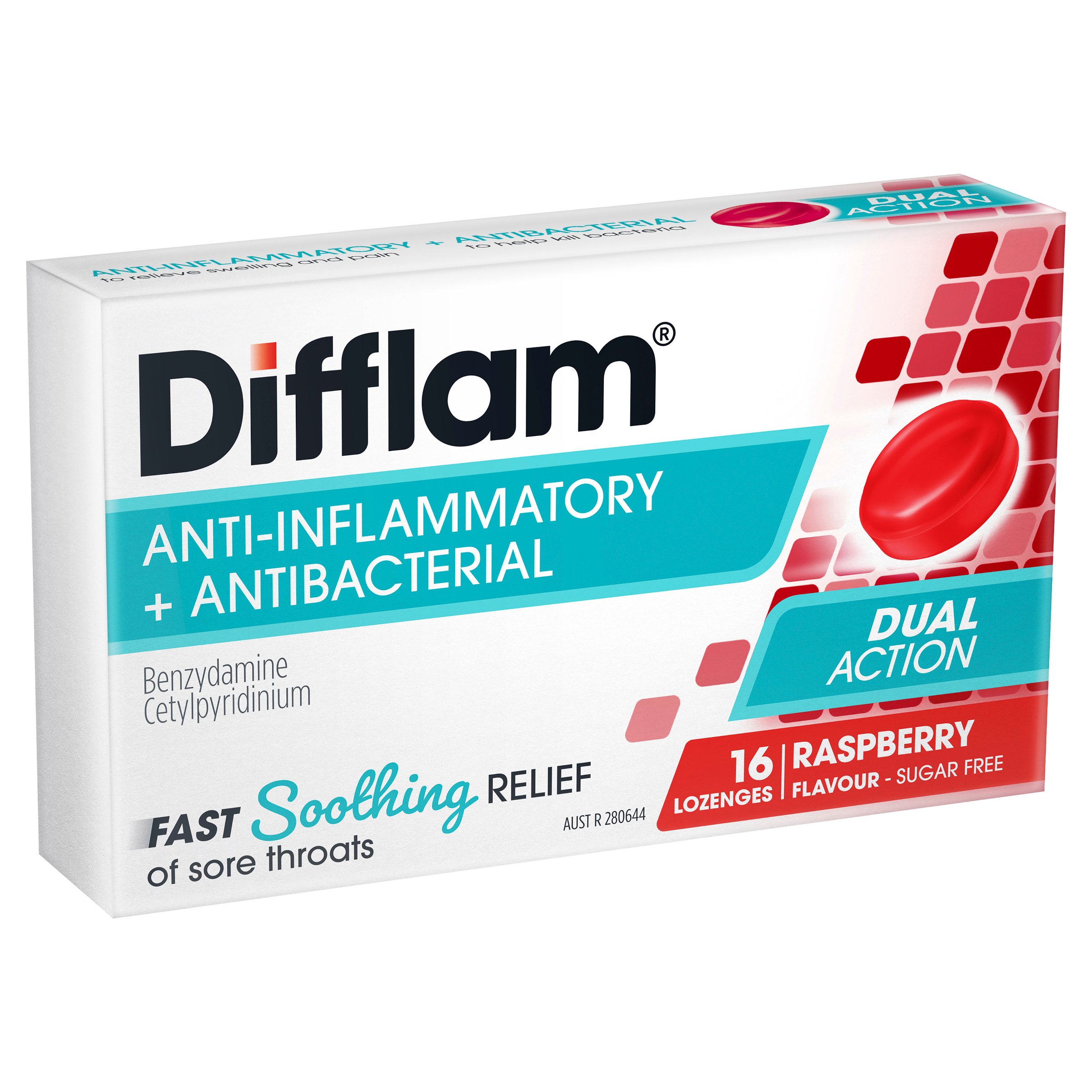 Difflam Sore Throat Raspberry Sugar Free 16 lozenges - Image 1