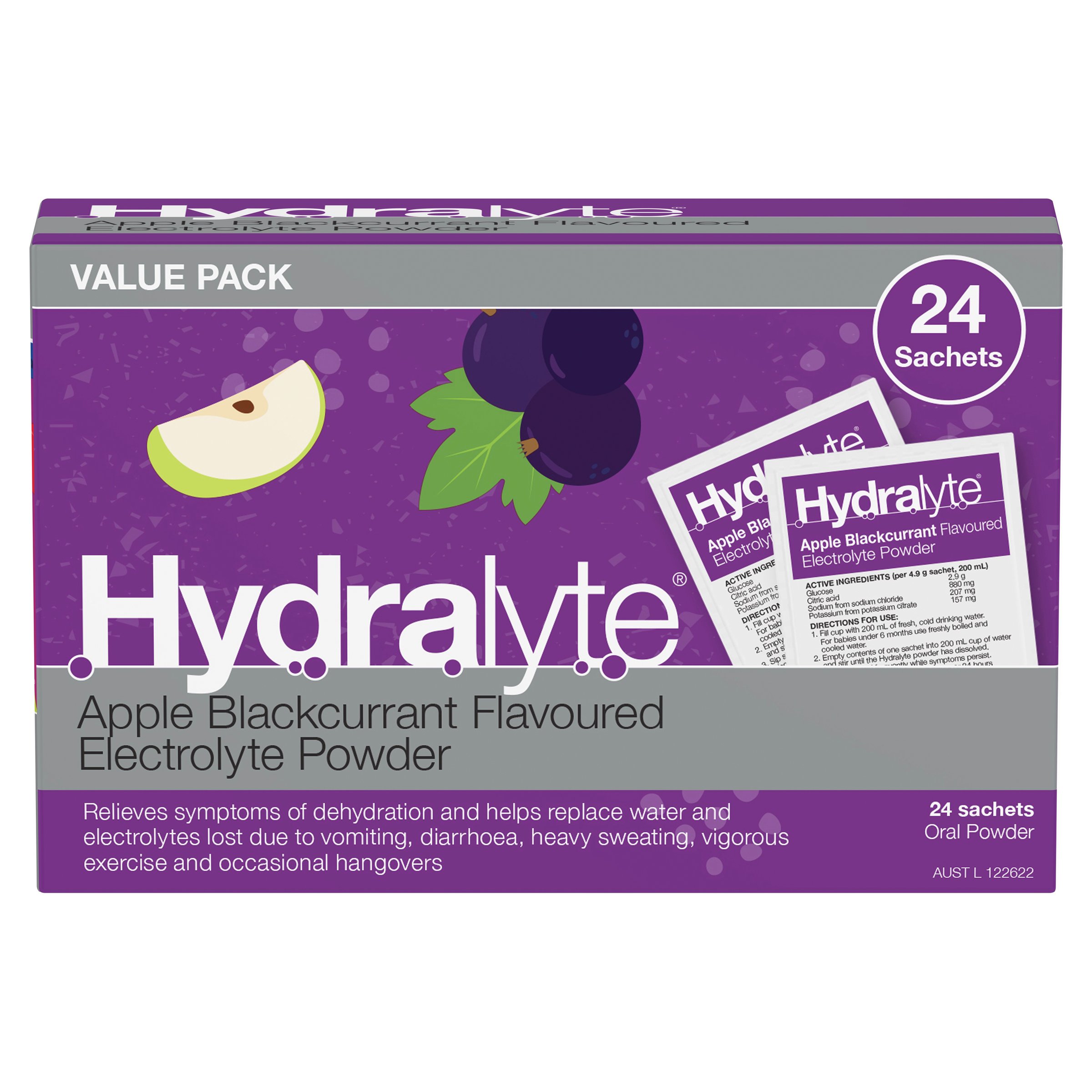 Hydralyte Electrolyte Powder Apple/Blackcurrant Value pack 24 Sachets - Image 1