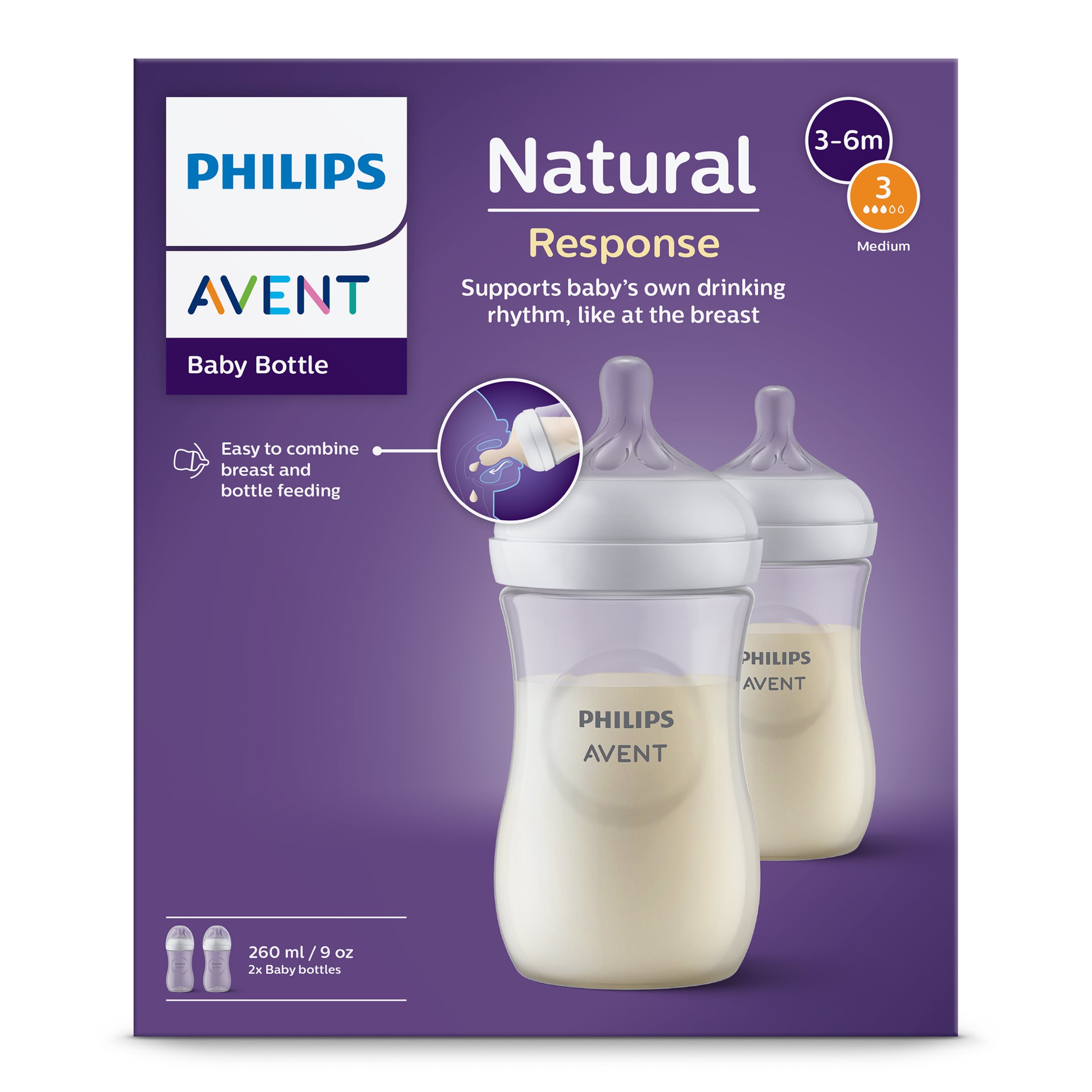 Avent Natural Response Baby Bottles 260ml - 2 packs - Image 1