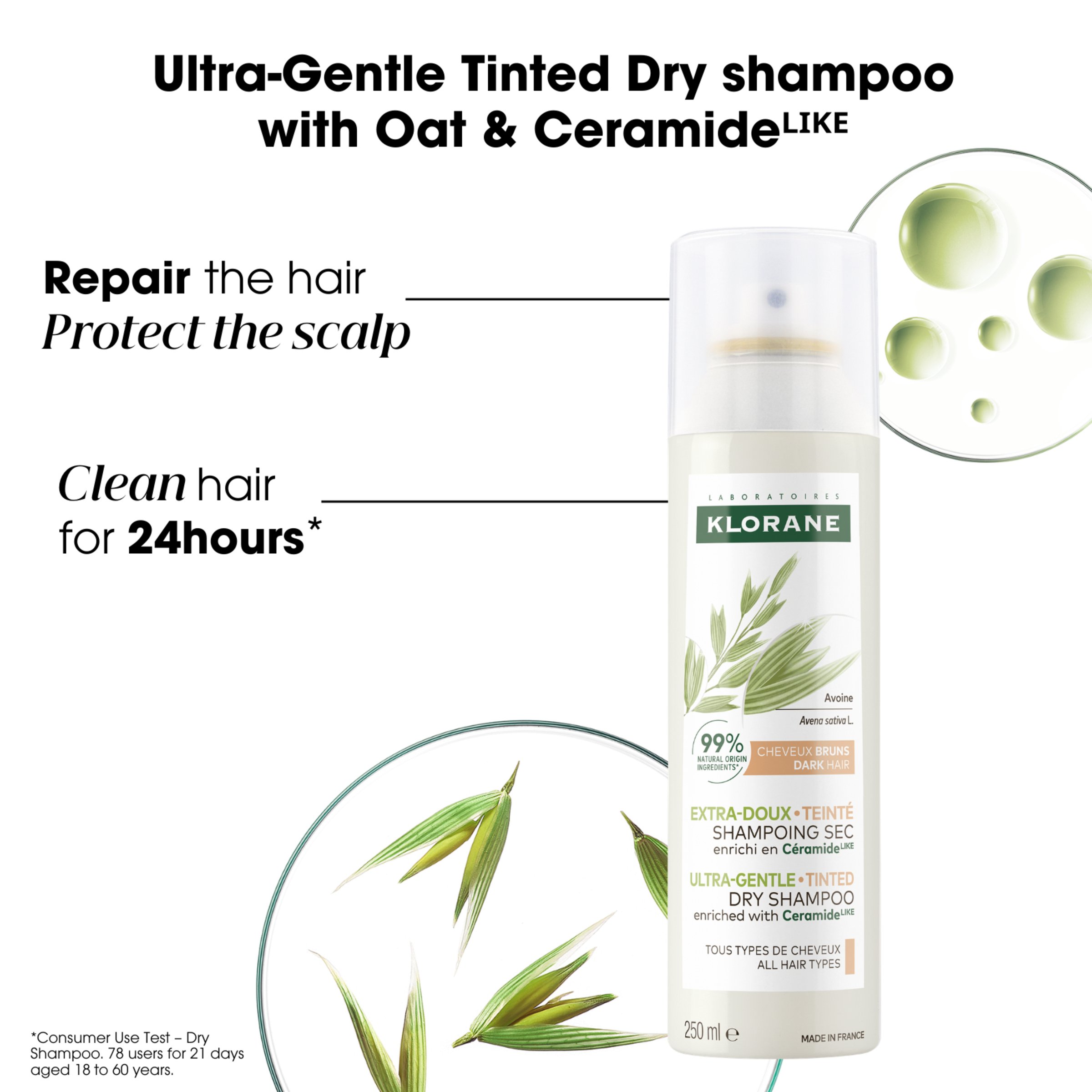 Klorane Dry Shampoo With Oat & Ceramide Dark Hair Tinted 250ml - Image 5
