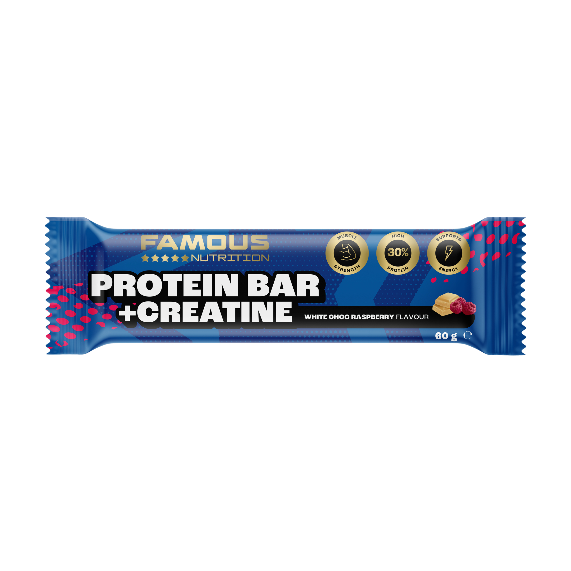 Famous Nutrition Protein Bar + Creatine White Choc Raspberry Flavour 60g - Image 1