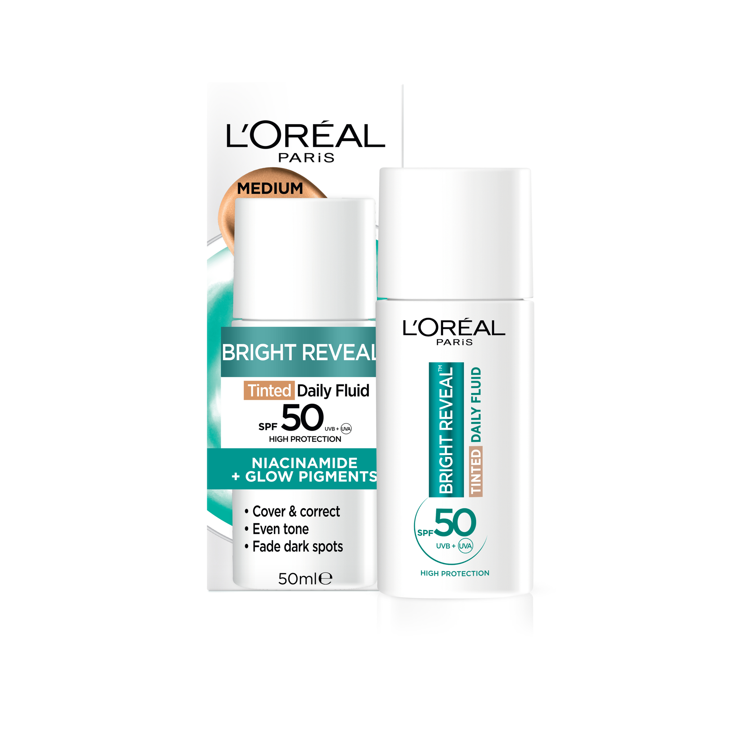 L'Oreal Paris Bright Reveal SPF50 Tinted Fluid Medium 50ml - Image 2