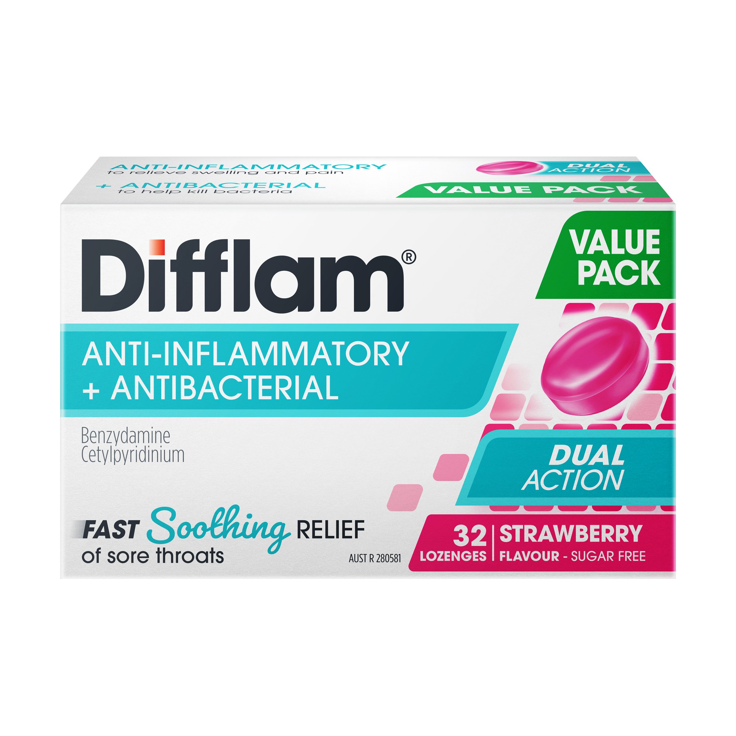 Difflam Sore Throat Lozenge Strawberry Value Pack 32 lozenges - Image 1