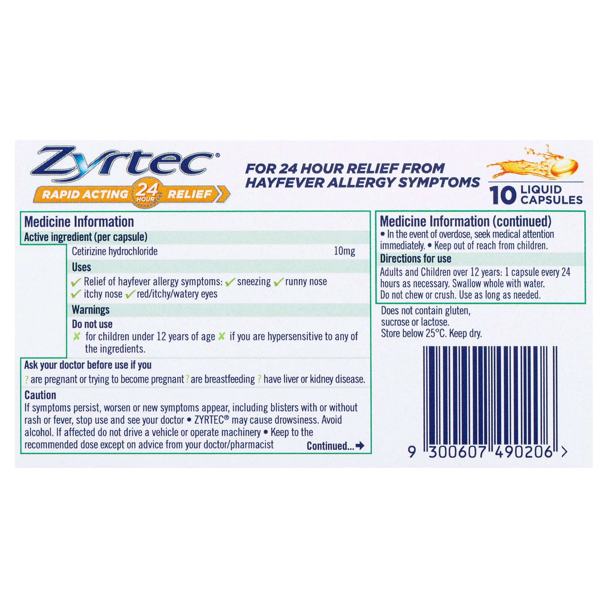 Zyrtec Rapid Acting Hayfever Allergy Relief Antihistamine 10 liquid capsules - Image 2