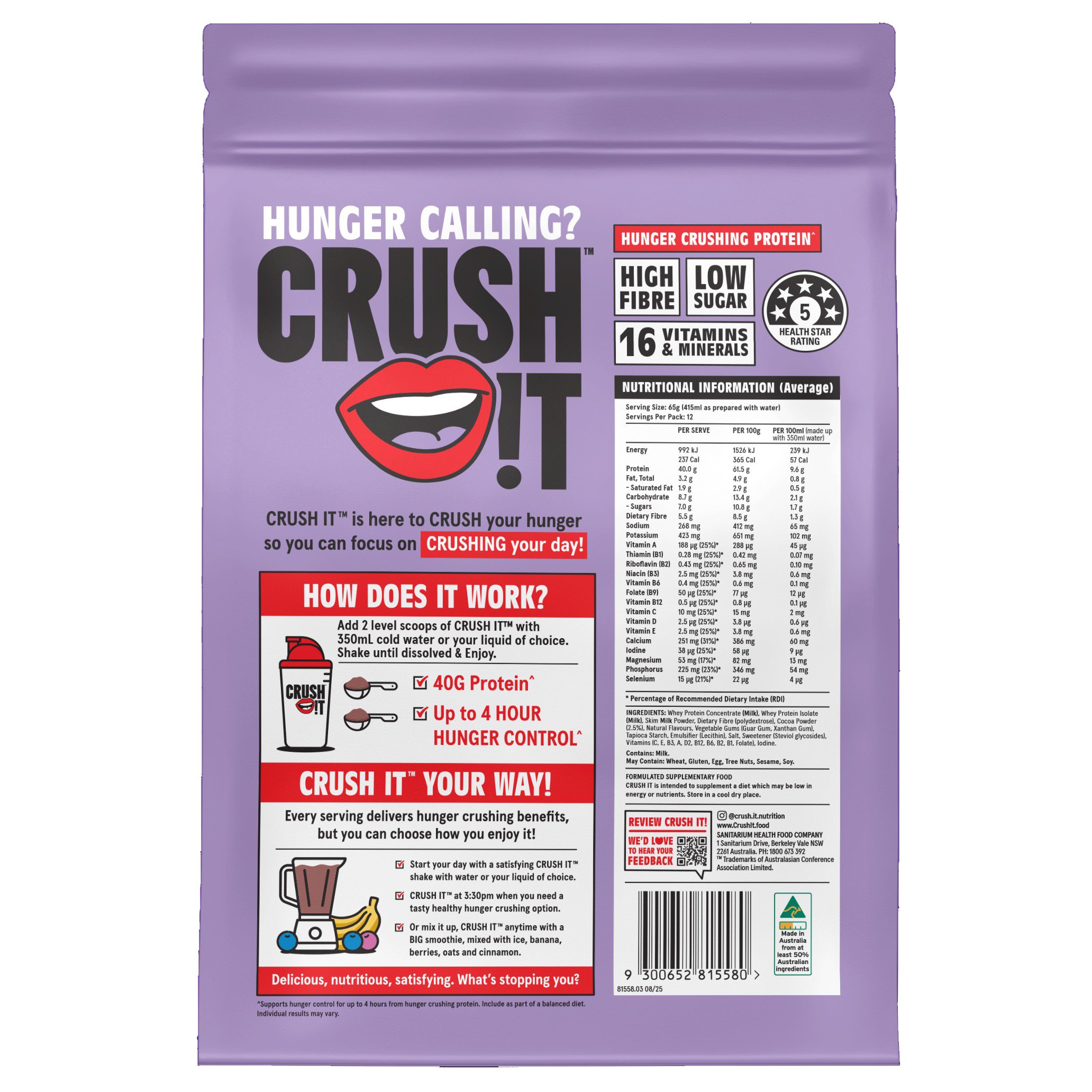 Sanitarium Crush It Shake Smooth Chocolate Flavour 780g - Image 2