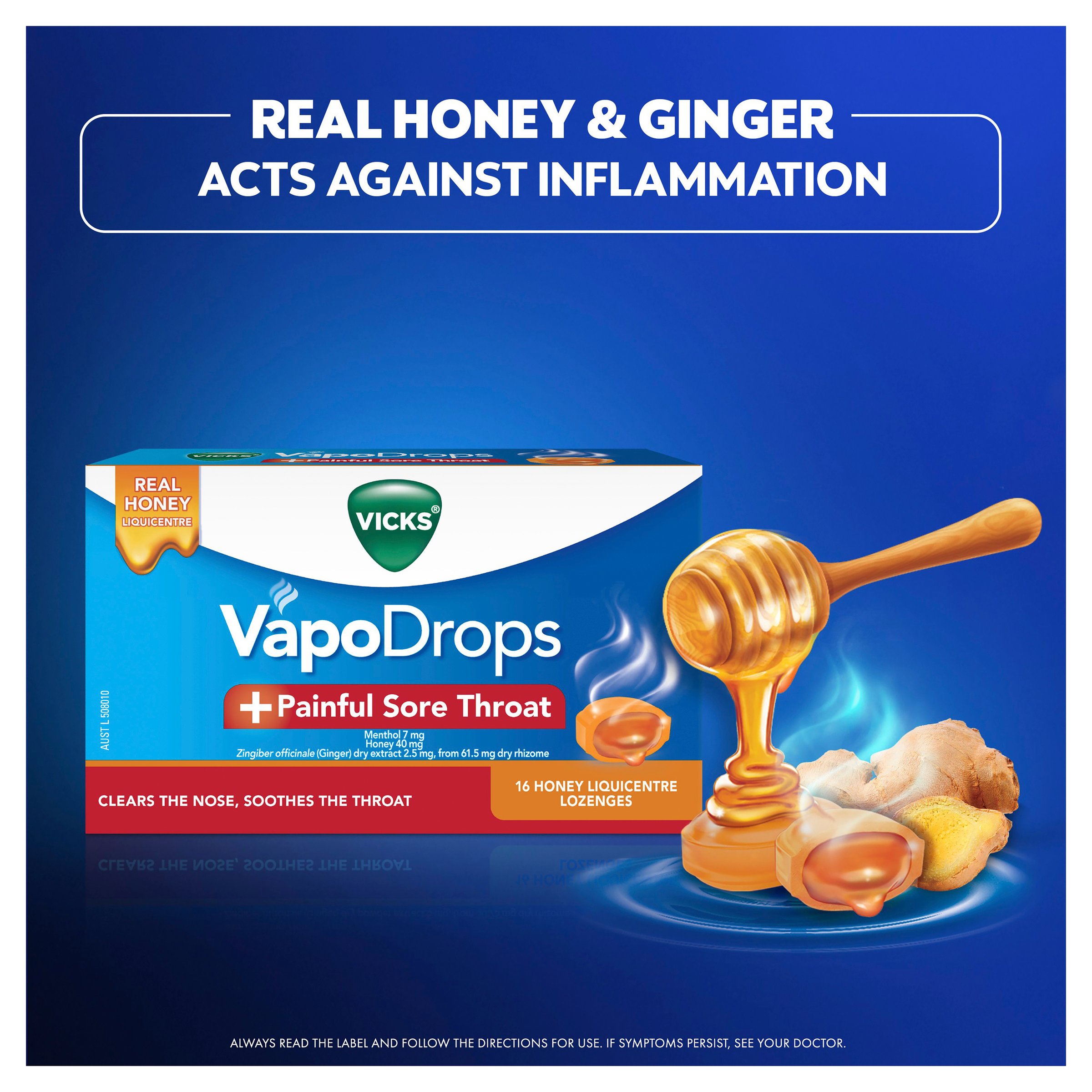 Vicks Vapodrops +Painful Sore Throat Honey Liquicentre 16 Lozenges - Image 3