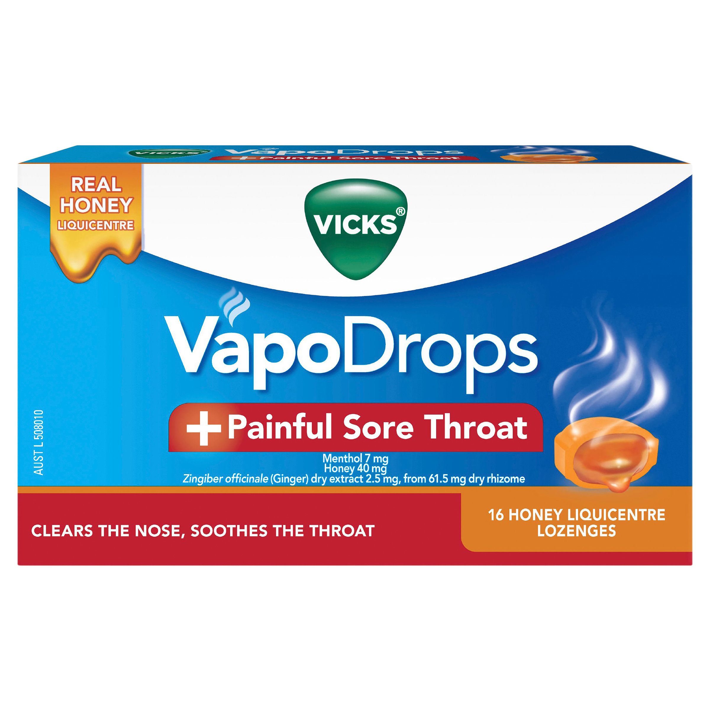 Vicks Vapodrops +Painful Sore Throat Honey Liquicentre 16 Lozenges - Image 1