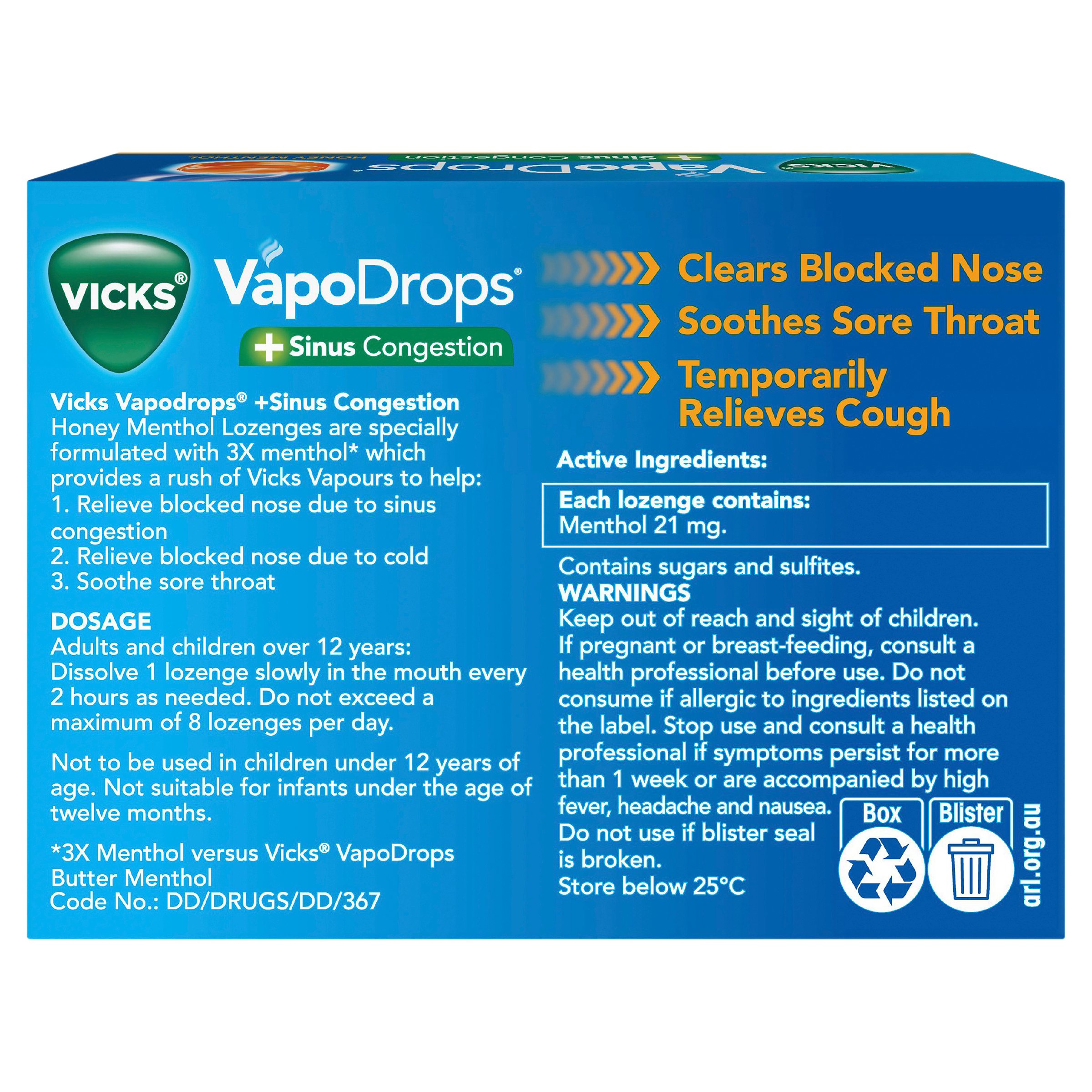 Vicks Vapodrops +Sinus Congestion Honey Menthol 16 Lozenges - Image 2