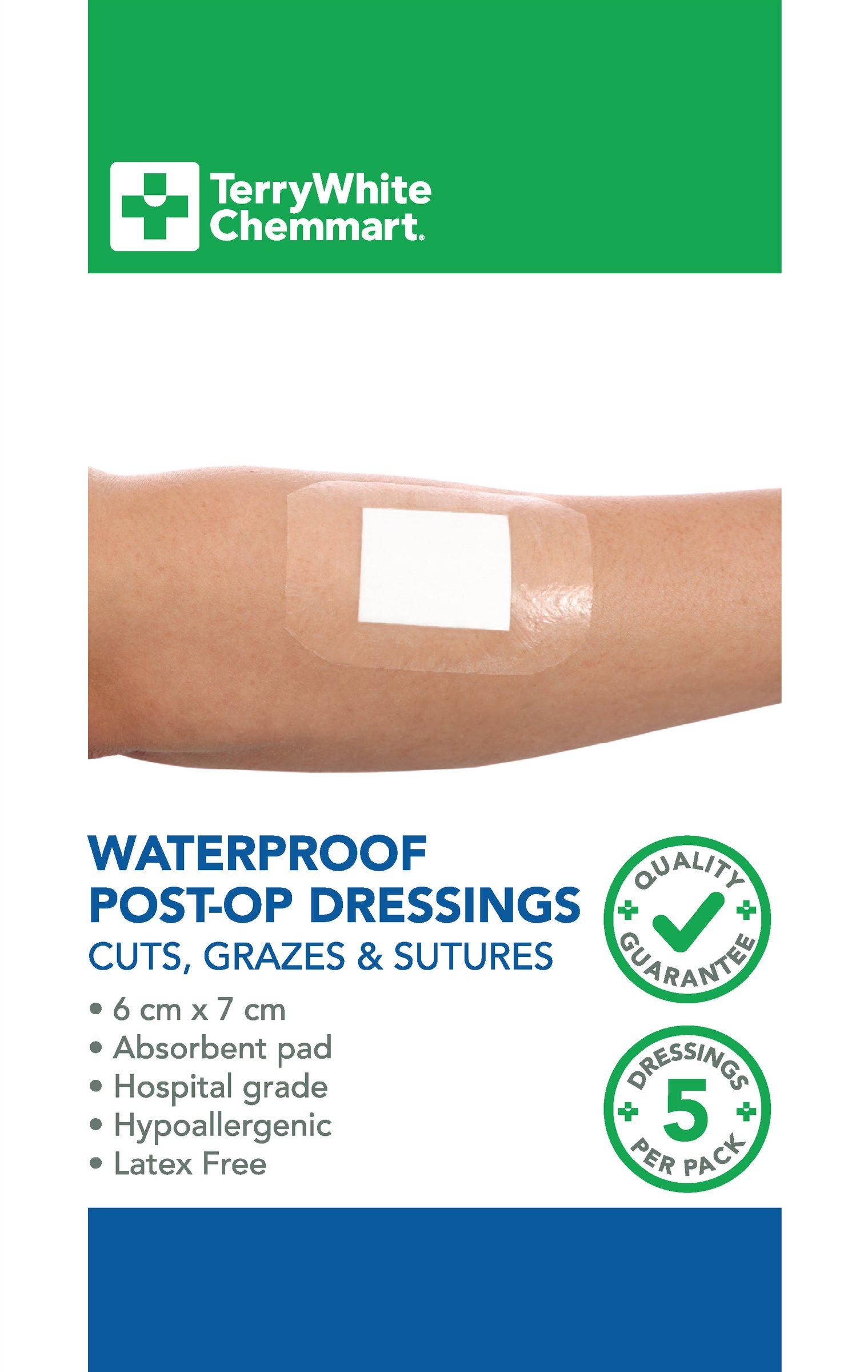 TerryWhite Chemmart Post Surgery Waterproof Dressing 6X7cm - 5 pack