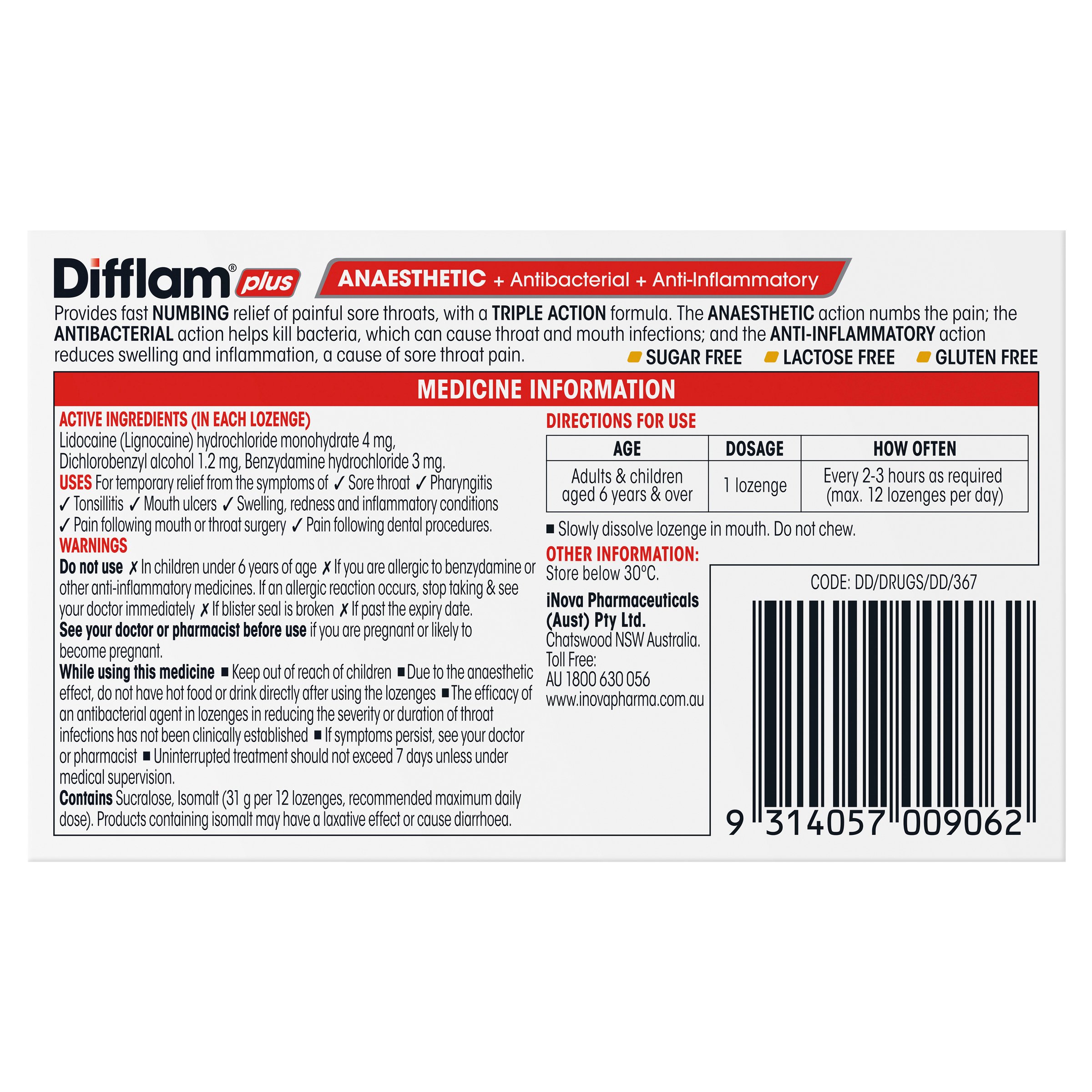 Difflam Plus Anaesthetic Triple Action Honey & Lemon 16 lozenges - Image 2