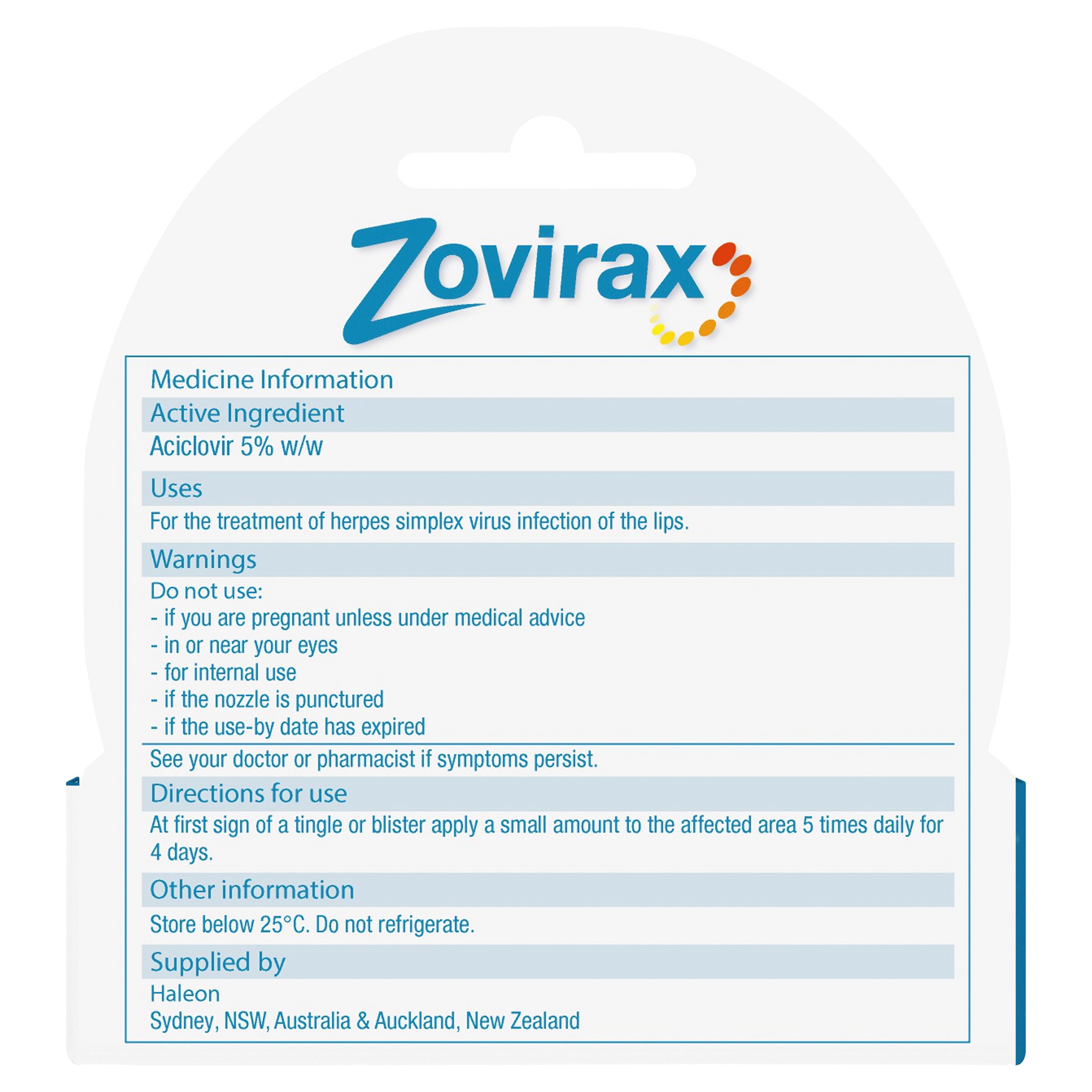 Zovirax Cold Sore Cream Tube 2g - Image 2