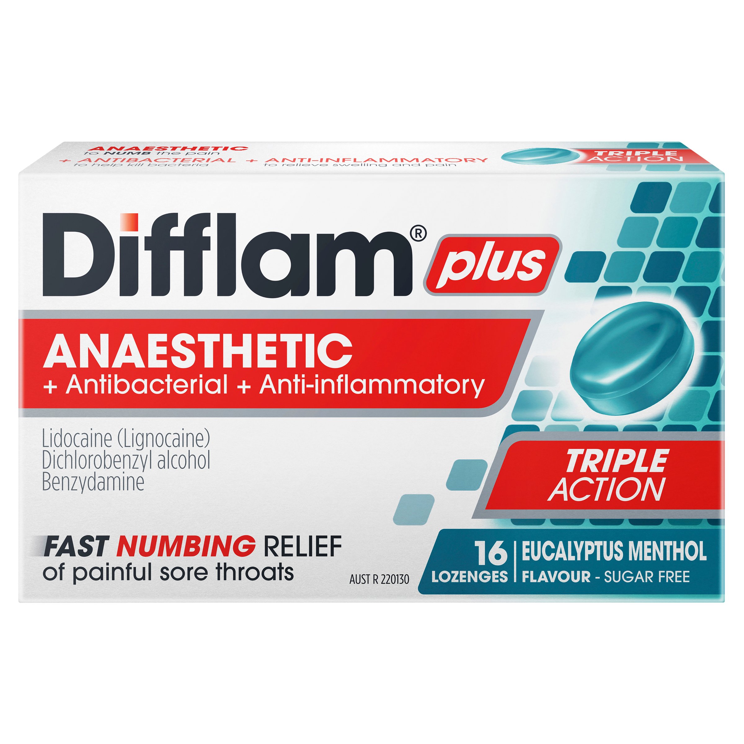 Difflam Plus Anaesthetic Triple Action Menthol & Eucalyptus 16 lozenges - Image 1