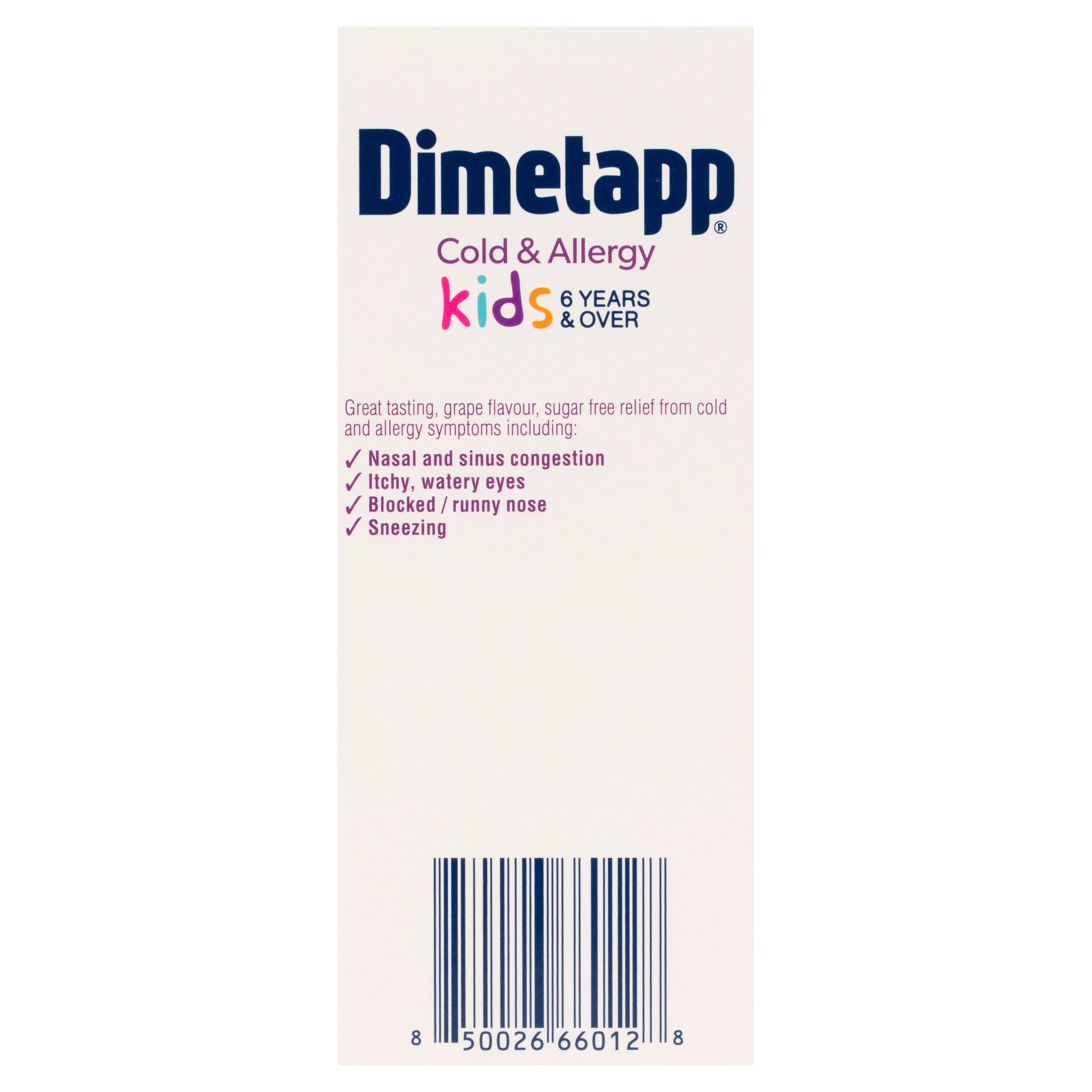 Dimetapp Kids 6 Years and Over Cold & Allergy Sugar Free Grape Flavour 200ml - Image 3