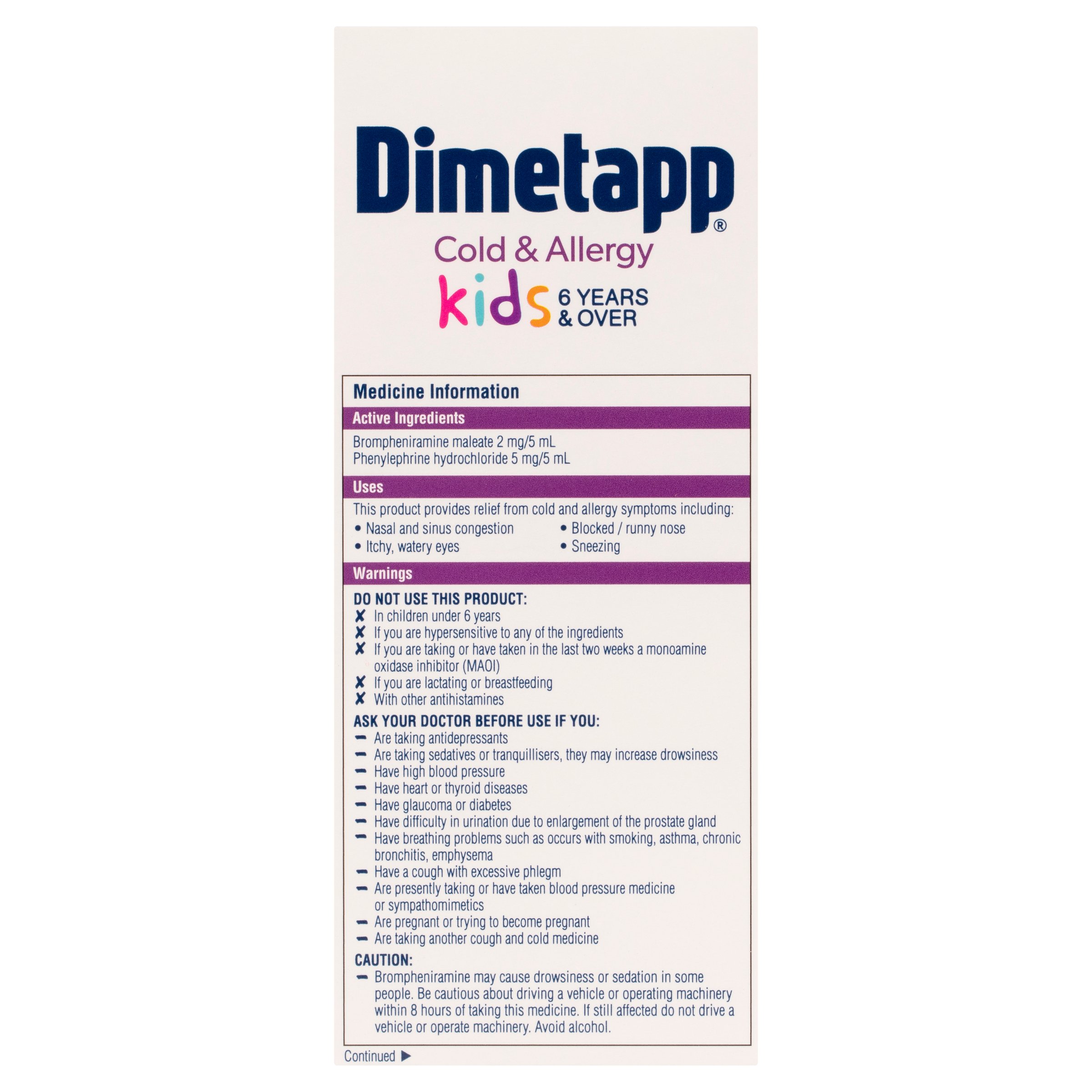 Dimetapp Kids 6 Years and Over Cold & Allergy Sugar Free Grape Flavour 200ml - Image 4
