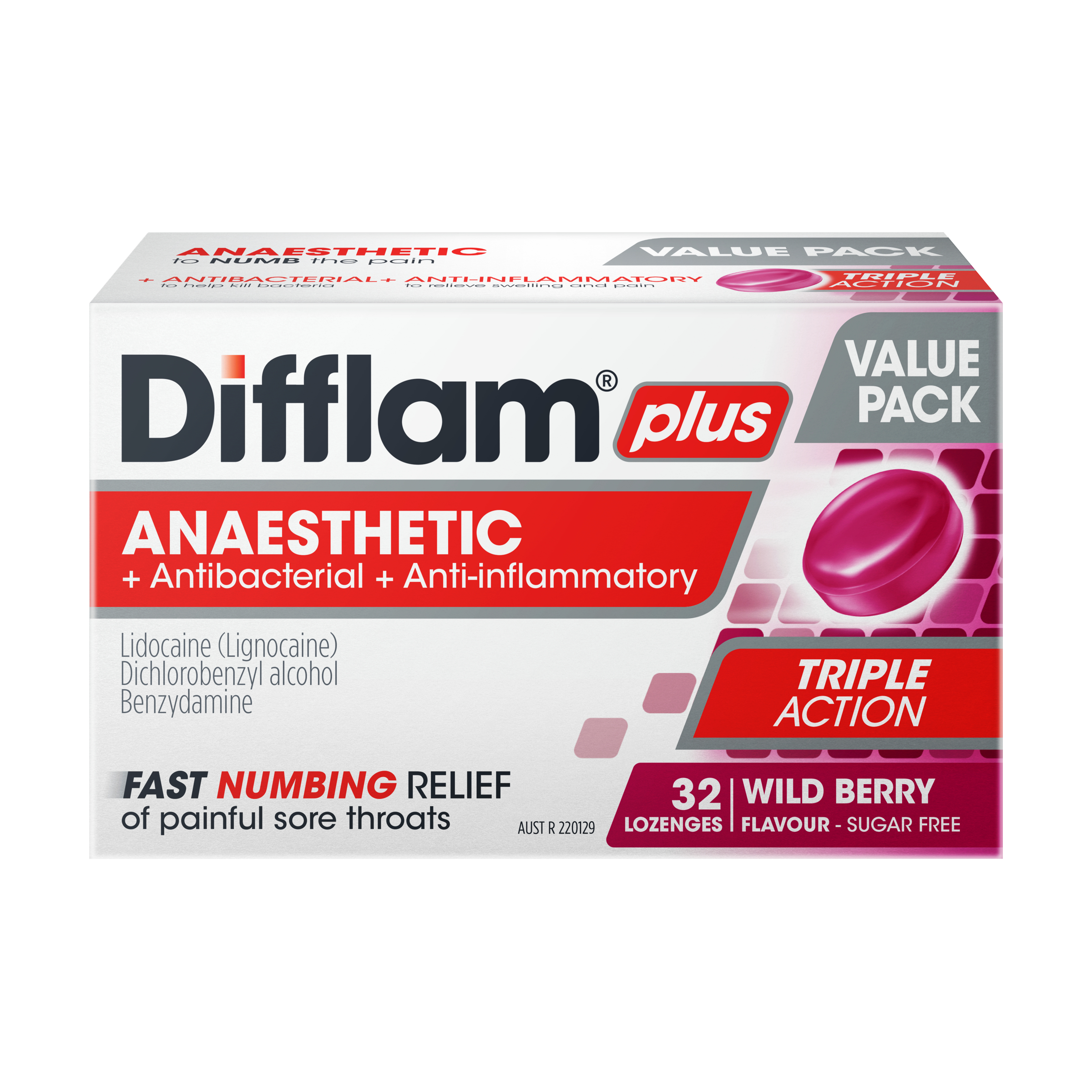 Difflam Plus Anaesthetic Triple Action Wild Berry 32 lozenges - Image 1