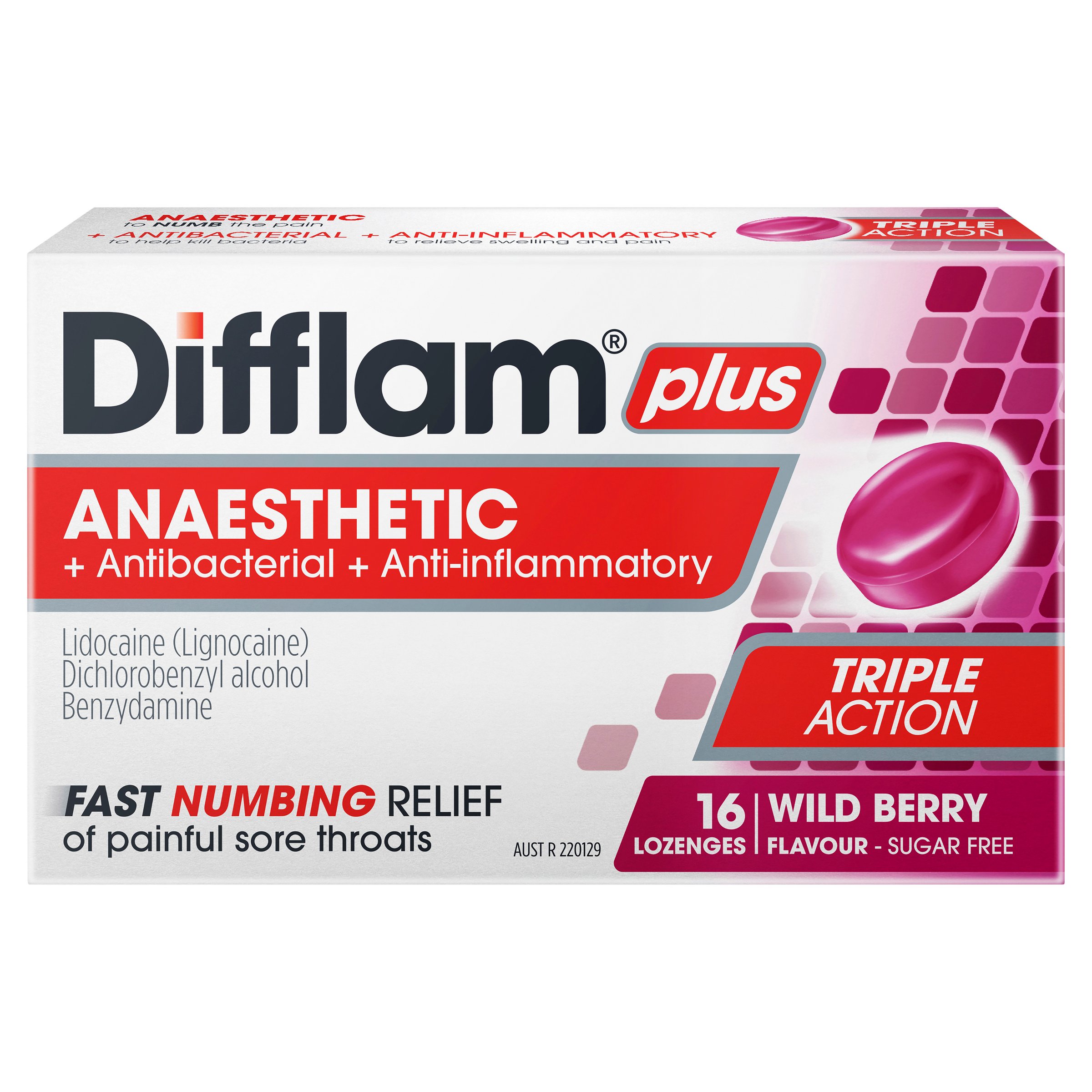 Difflam Plus Anaesthetic Triple Action Wild Berry 16 lozenges - Image 1