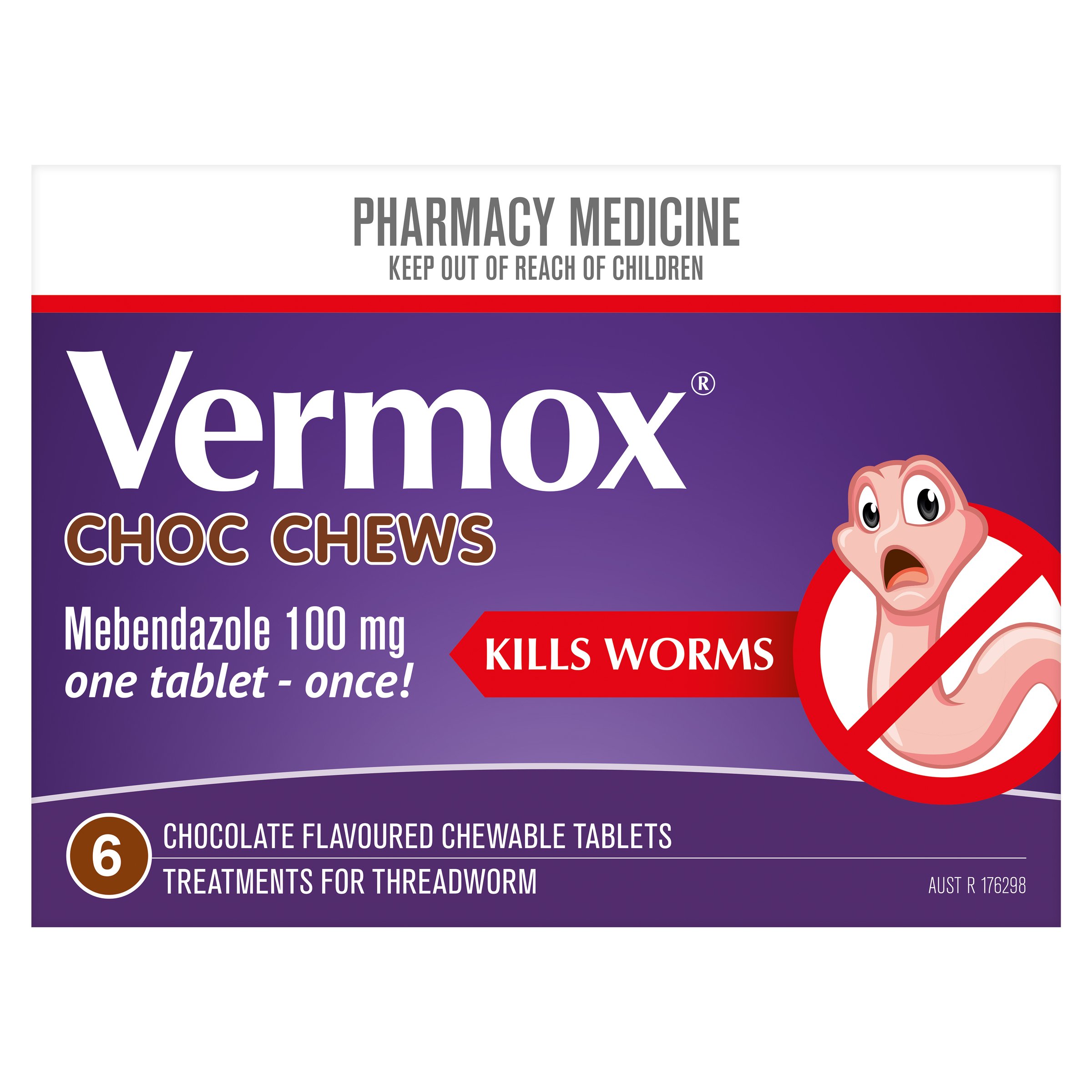 Vermox Treatment For Threadworm Chocolate Flavoured Chewable 6 Tablets - Image 1
