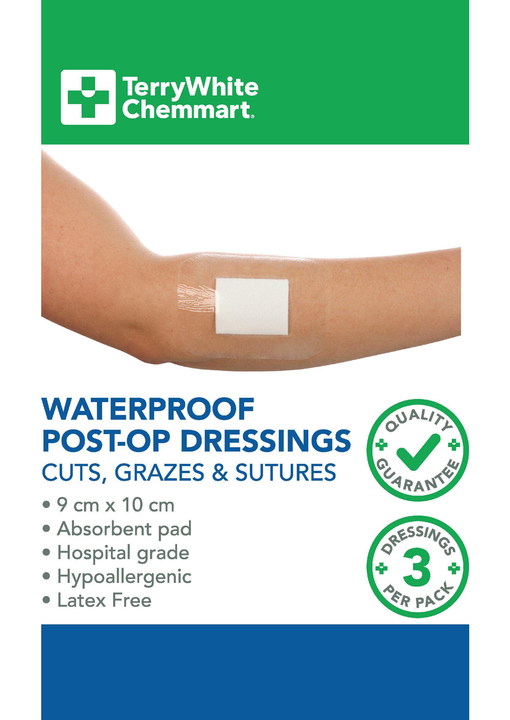 TerryWhite Chemmart Post Surgery Waterproof Dressing 9X10cm - 3 pack