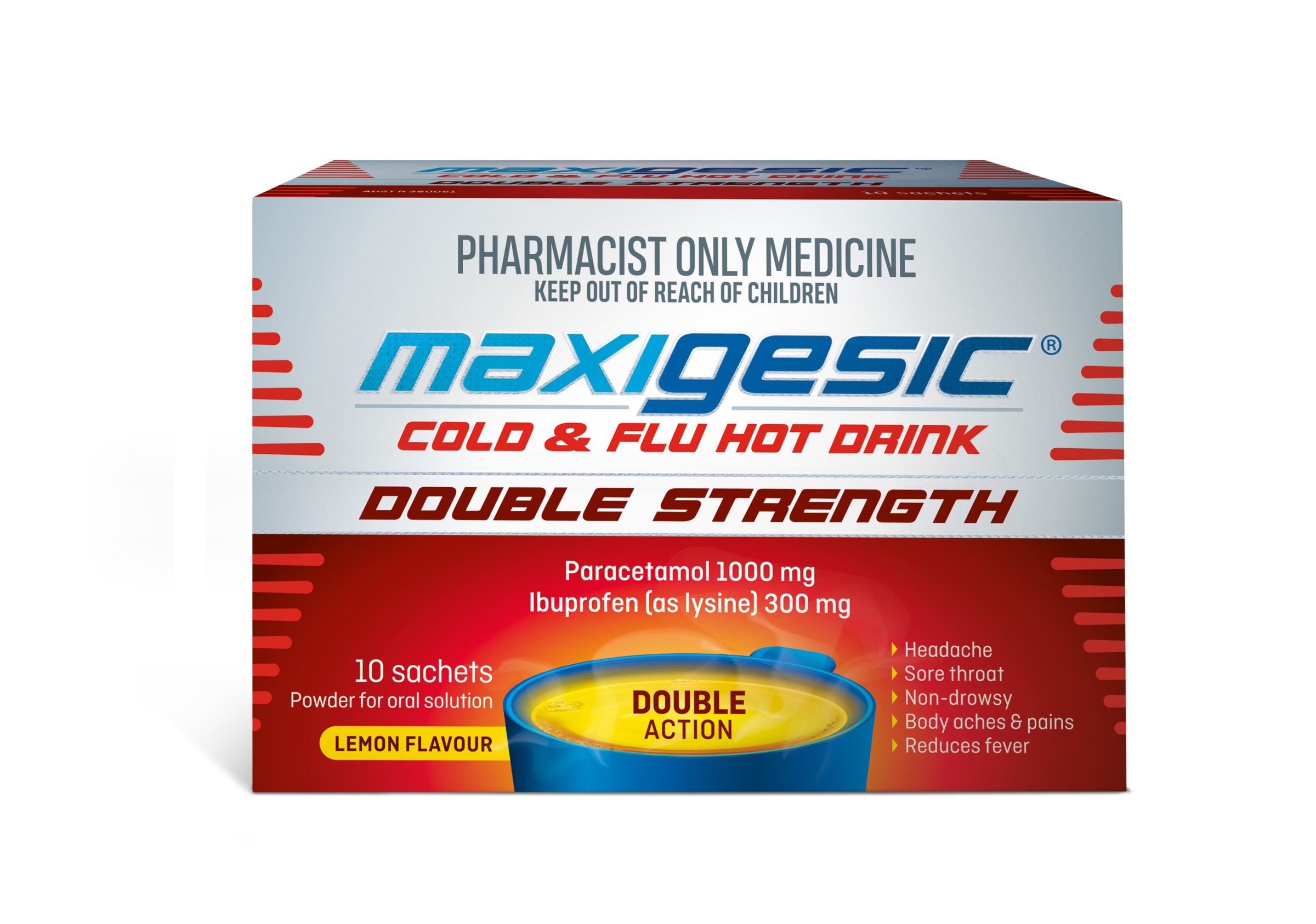 Maxigesic Cold & Flu Hot Drink Double Strength 1000mg/300mg - 10 sachets - Image 1