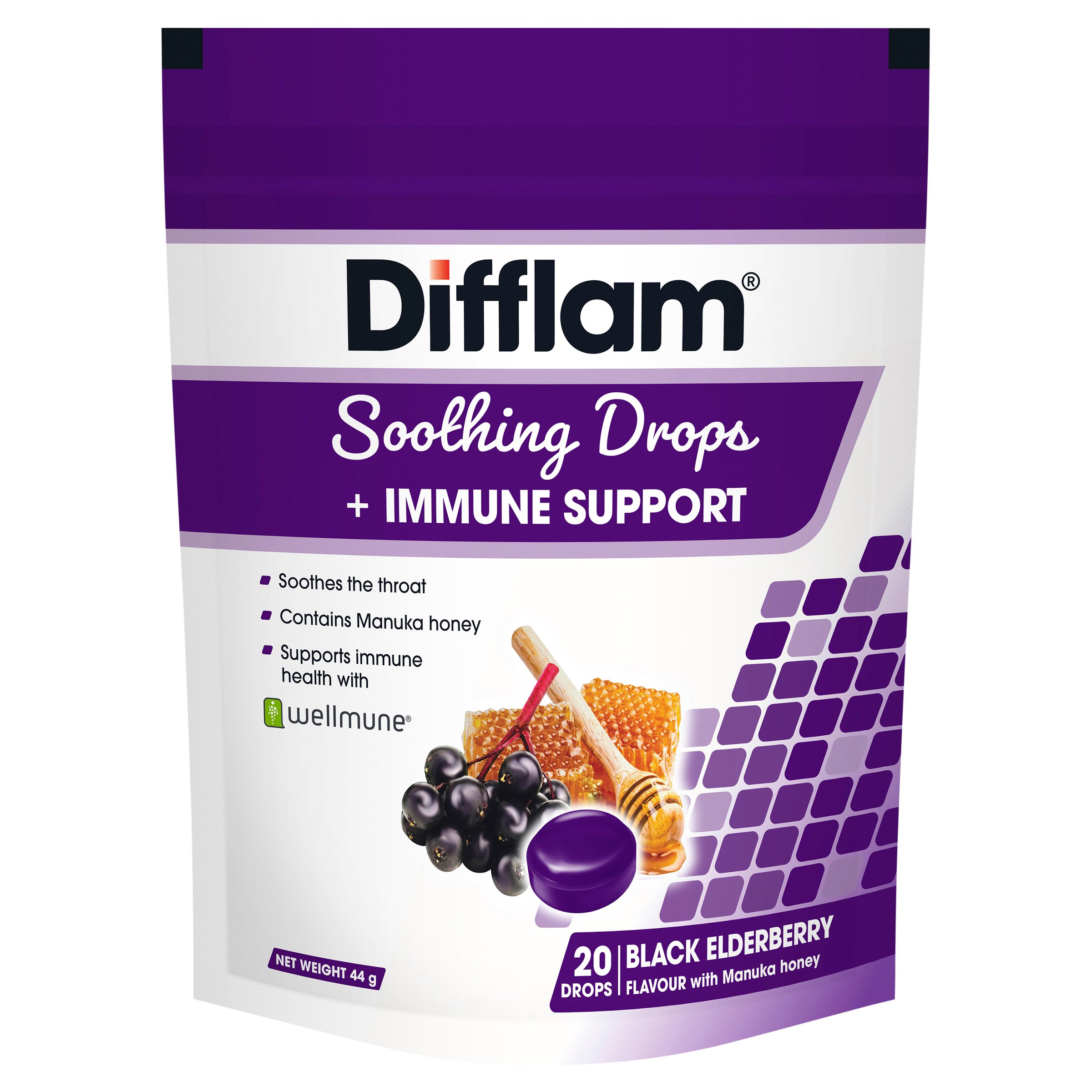 Difflam Soothing Drops + Immune Support Black Elderberry 20 lozenges - Image 1