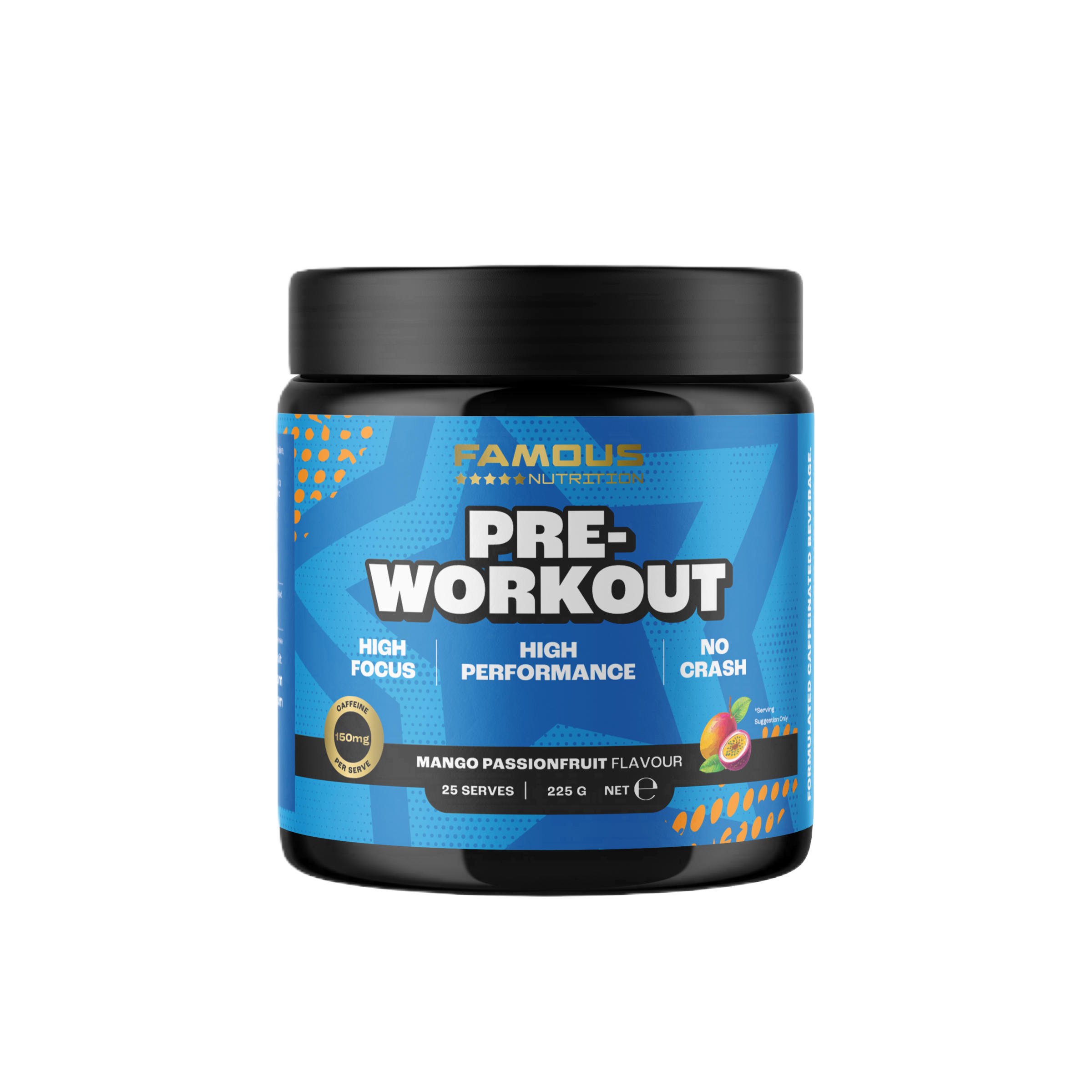 Famous Nutrition Pre-Workout Mango Passion Flavour 225g - Image 1