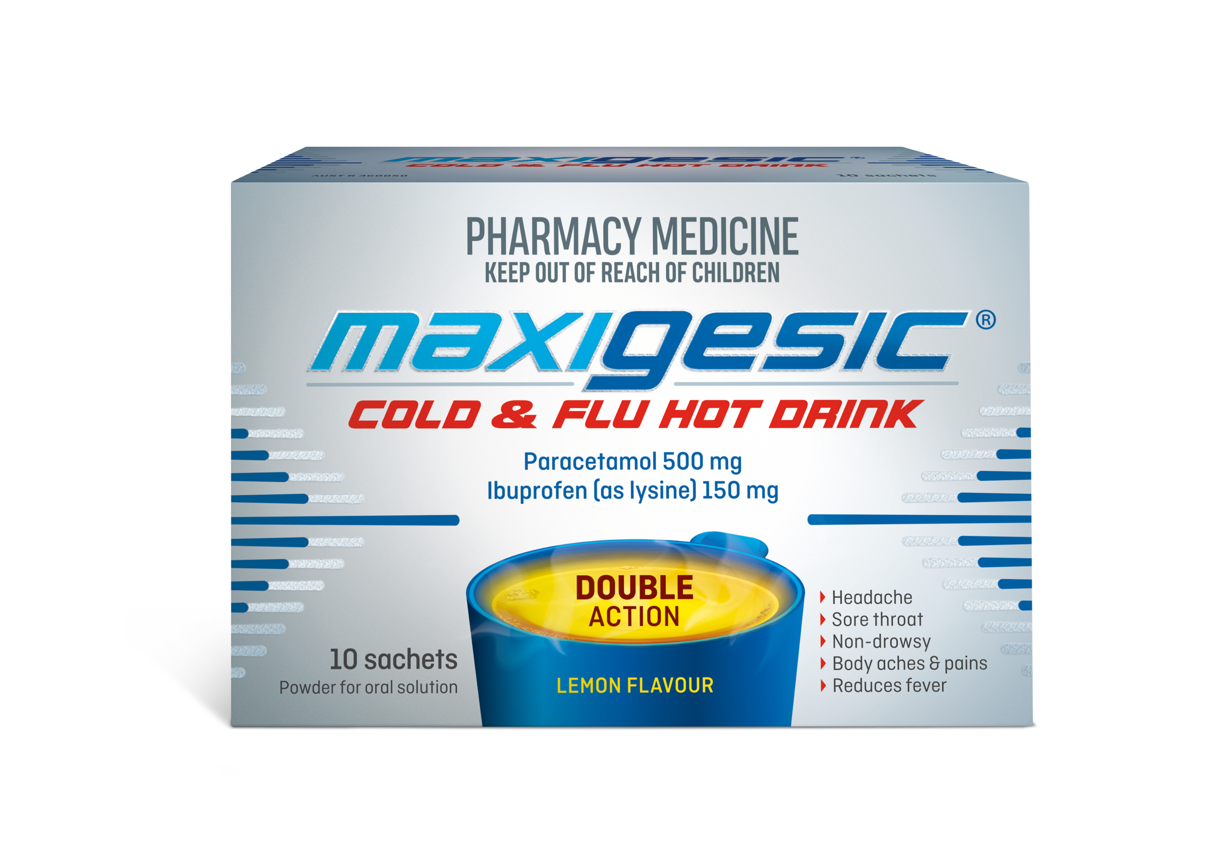 Maxigesic Cold & Flu Hot Drink 500mg/150mg - 10 sachets - Image 1