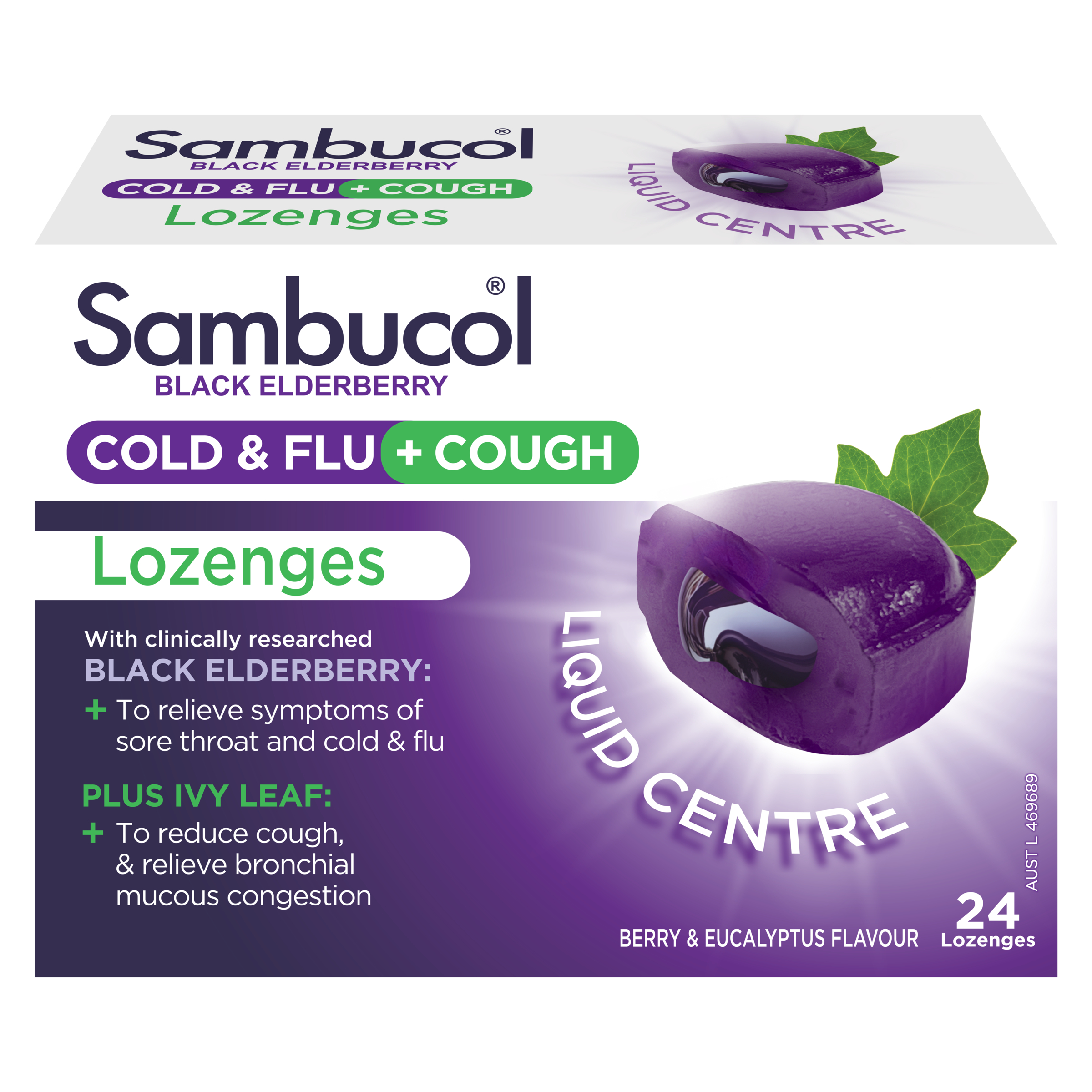 Sambucol Cold & Flu + Cough Medicated Liquid Center 24 Lozenges - Image 1