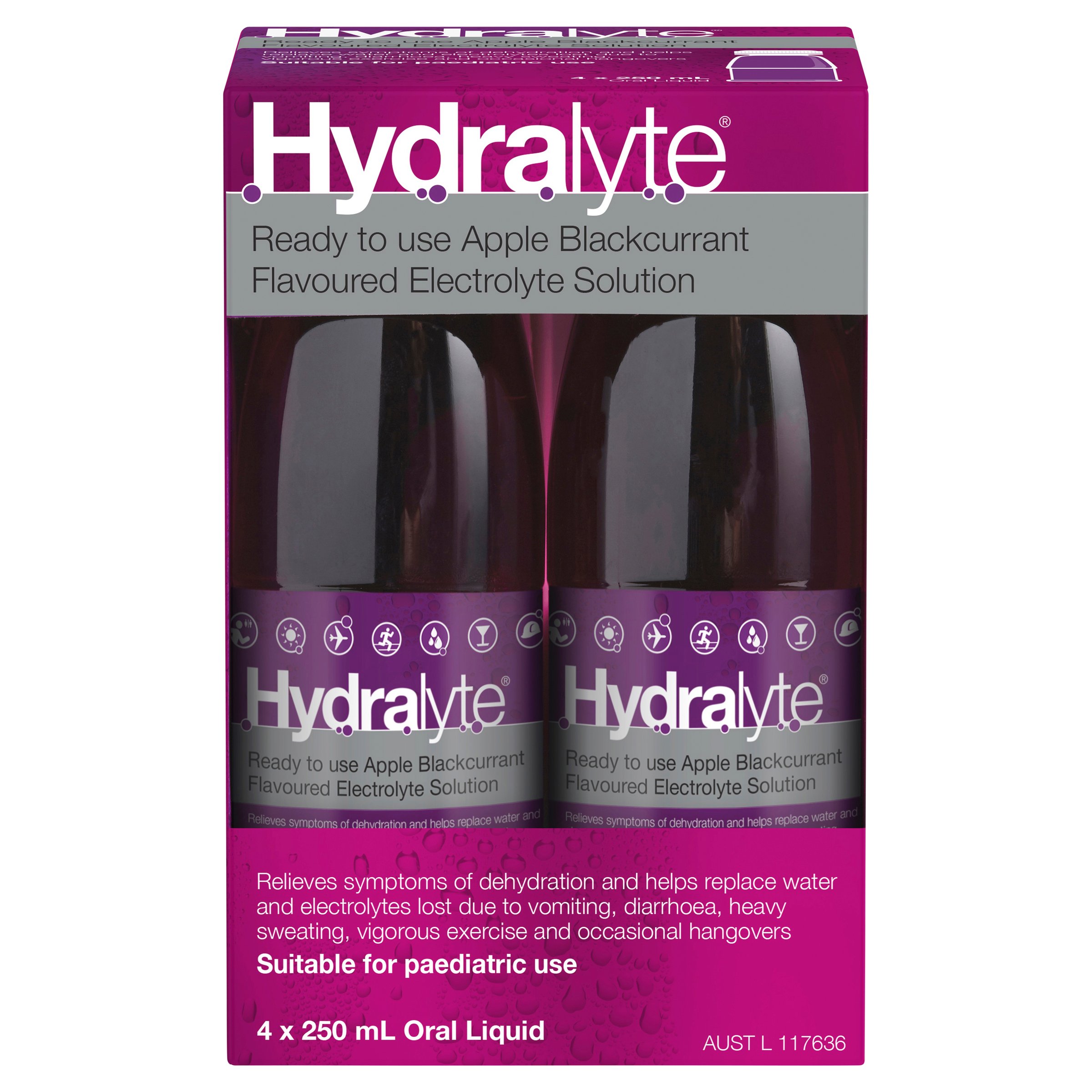 Hydralyte Ready to Use Liquid Apple/Blackcurrant Flavoured 250ml - 4 pack - Image 1