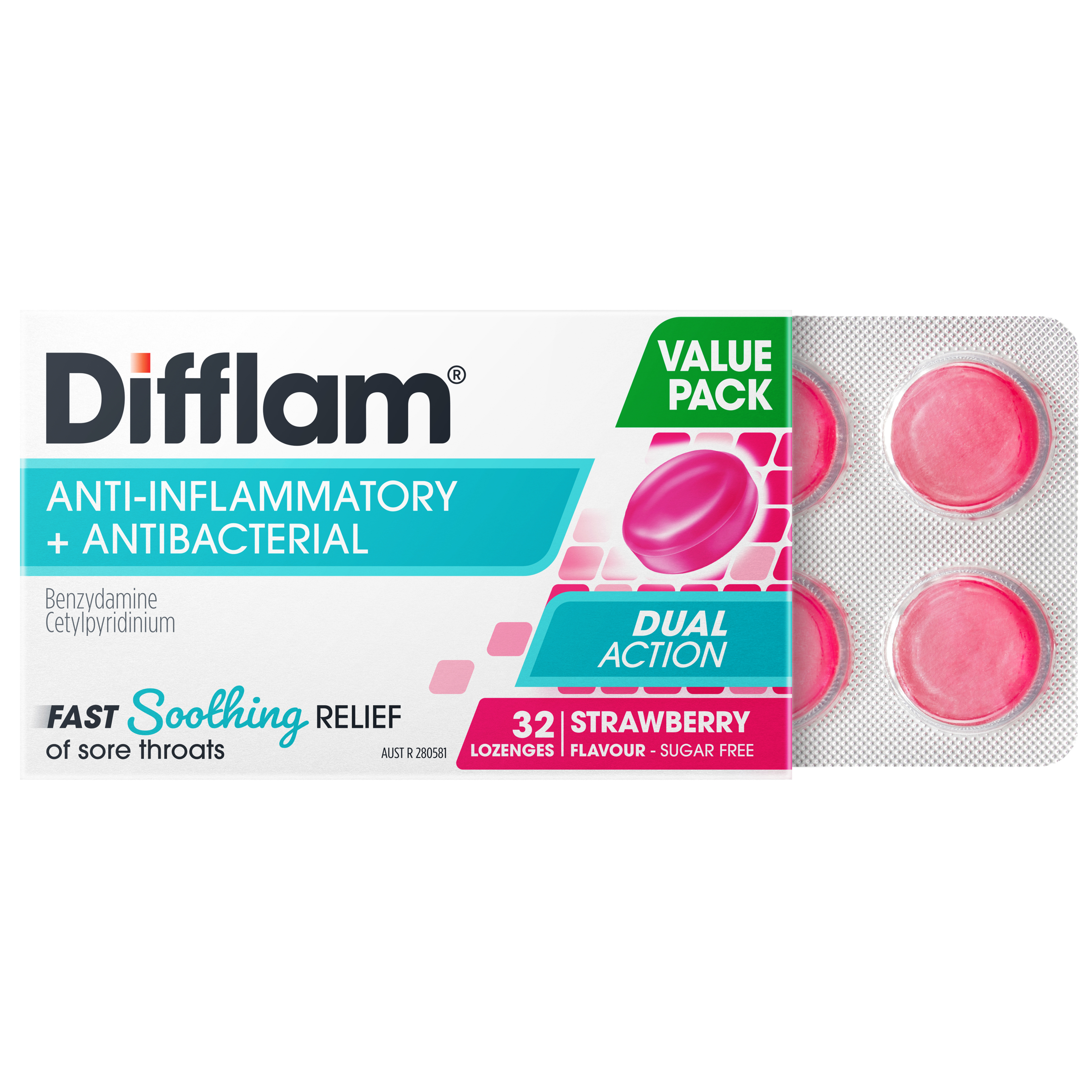 Difflam Sore Throat Lozenge Strawberry Value Pack 32 lozenges - Image 4